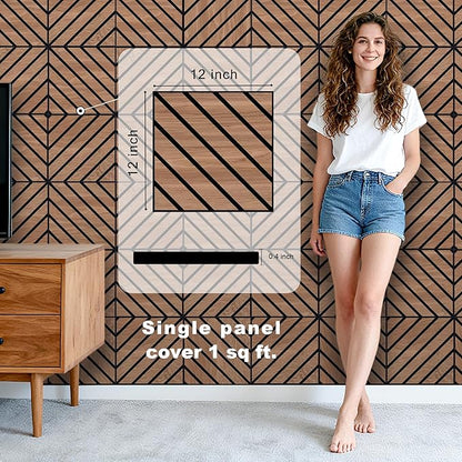 WoveN SounD Artisan Acoustic Wall Panels, 16 Pack 12x12 Inch, Wood Veneer Carved Sound Proof Wall Decor, Self-Adhesive for Home, Studio, Office & Focus Zones, Twill Pattern, Teak