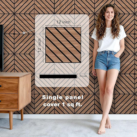 WoveN SounD Artisan Acoustic Wall Panels, 16 Pack 12x12 Inch, Wood Veneer Carved Sound Proof Wall Decor, Self-Adhesive for Home, Studio, Office & Focus Zones, Twill Pattern, Teak