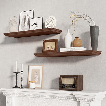 Fun Memories Floating Shelves 32 Inch Long, 9.3 Inch Deep Classic Crown Molding Floating Shelves for Wall, Rustic Wooden Shelves for Wall Decor Bathroom, Kitchen, Office, (Walnut, 2Pack)