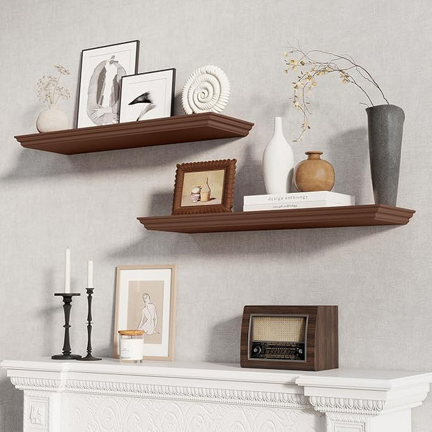 Fun Memories Floating Shelves 32 Inch Long, 9.3 Inch Deep Classic Crown Molding Floating Shelves for Wall, Rustic Wooden Shelves for Wall Decor Bathroom, Kitchen, Office, (Walnut, 2Pack)