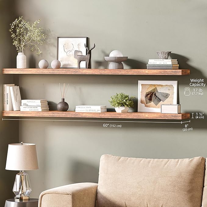 Ballucci Floating Shelves for Wall, 60" Wood Wall Shelf Set of 2, with Invisible Brackets for Bathroom, Living Room, Bedroom, Kitchen, Nursery, 8" Deep, Rustic Brown
