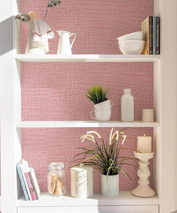 Guvana Grasscloth Peel and Stick Wallpaper Pink Textured Contact Paper Modern Removable Self Adhesive Wall Paper Thicken Fabric Faux Linen Wallpaper for Bedroom Living Room Nursery 197inx15.7in