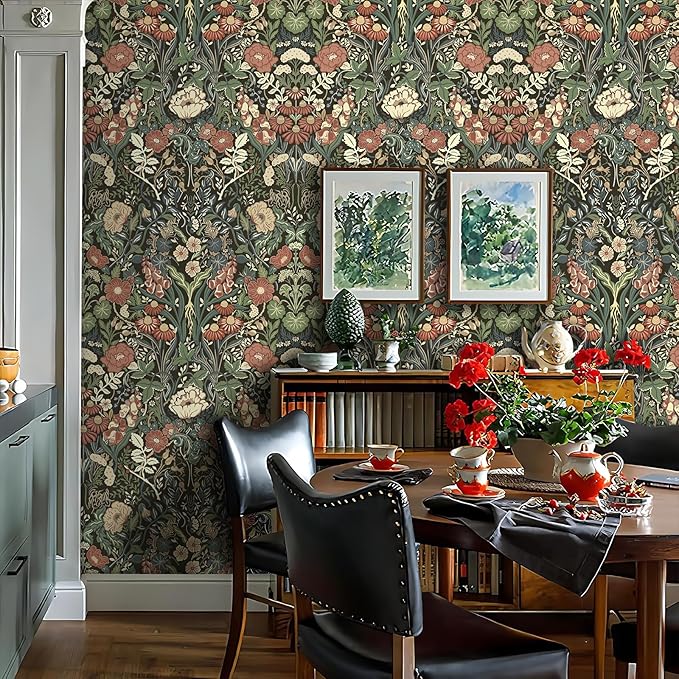Vintage Wallpaper Peel and Stick Floral Wall Paper Removable Waterproof Green/Black/Yellow Contact Paper for Bedroom, Bathroom, Home Wall 17.3" x 118"