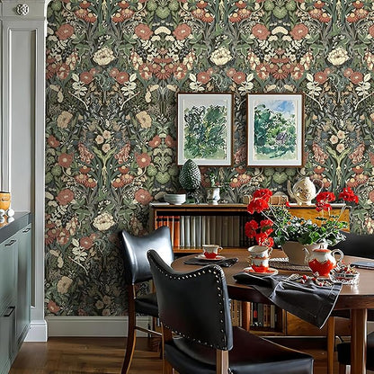 Vintage Wallpaper Peel and Stick Floral Wall Paper Removable Waterproof Green/Black/Yellow Contact Paper for Bedroom, Bathroom, Home Wall 17.3" x 118"