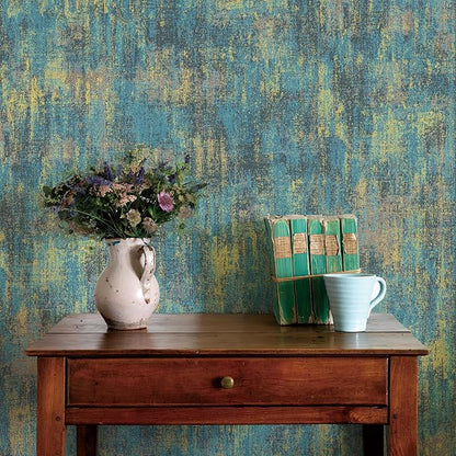 JiffDiff Vintage Metallic Peel and Stick Wallpaper Industrial Metallic Concrete Wall Paper Modern Stick on Wallpaper Self Adhesive Contact Paper(17.3" x 800" Blue Gold)