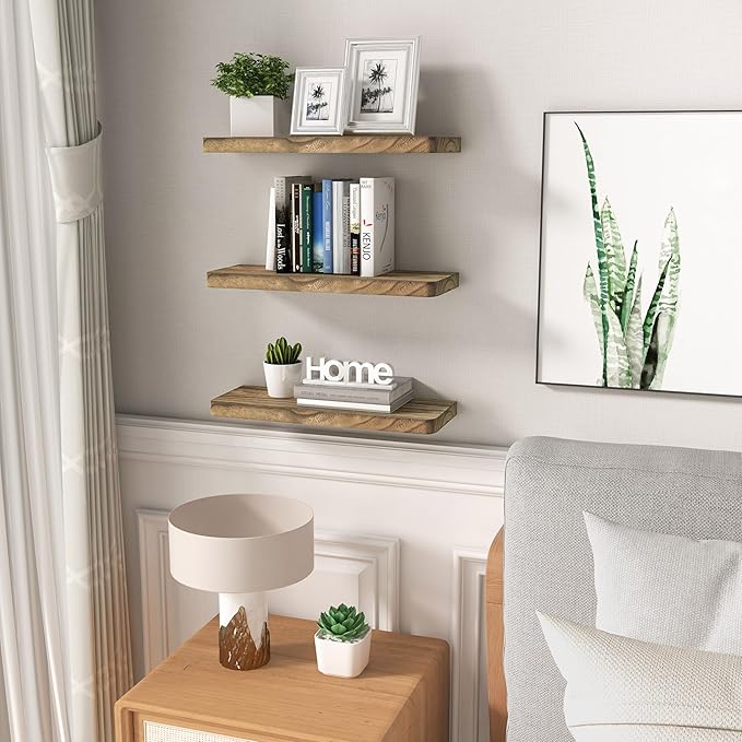 Floating Shelves 16 Inches, Set of 3 Solid Rustic Wood Wall Mounted Shelves, Wall Picture Ledge Shelf with Invisible Metal Brackets for Living Room, Bedroom, Bathroom, Carbonized Black