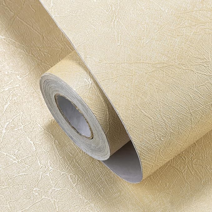 Beige Silk Wallpaper Embossed Peel and Stick Wallpaper A Set of 17.7 inch X 300 inch Textured Self-Adhesive Removable Contact Paper Waterproof Vinyl Roll for Bedroom Cabinet Furniture