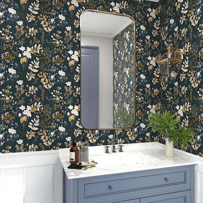 Navy Floral Wallpaper Peel and Stick Boho Wallpaper Vintage Blue/Gold Leaf Contact Paper Waterproof Self Adhesive Modern Wall Paper for Cabinet Walls Kitchen 17.5in x393in