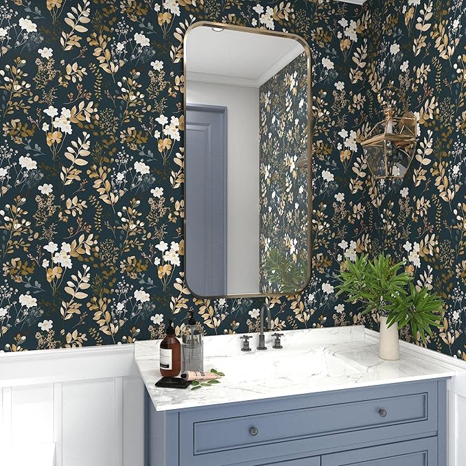 Navy Floral Wallpaper Peel and Stick Boho Wallpaper Vintage Blue/Gold Leaf Contact Paper Waterproof Self Adhesive Modern Wall Paper for Cabinet Walls Kitchen 17.5in x393in