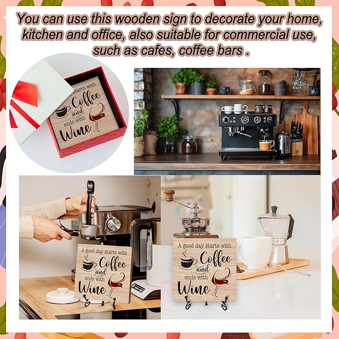 Coffee And Wine Desk Decor Sign, Rustic Wooden Sign With Stand, A Good Day Starts With Coffee And Ends With Wine Sign For Farmhouse Home Kitchen Bar Shelf Table, Gifts For Family Friend Coworker, C18