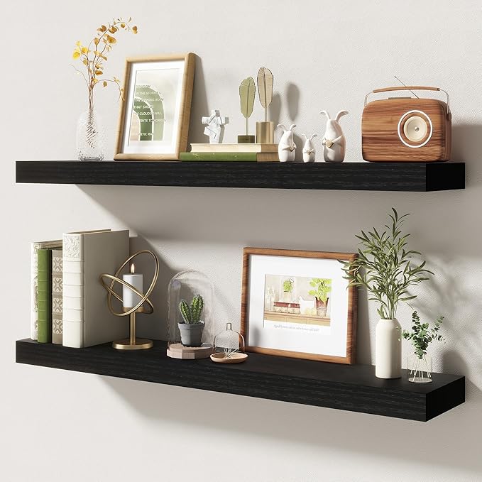 36 Inch Floating Shelves | 6.5 Inch Deep Black Floating Shelves Set of 2 | 36" W x 6.5" D Rustic Black Wood Wall Shelves with Invisible Brackets for Bathroom Living Room Bedroom