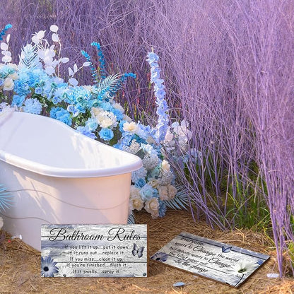 Jetec 2 Pieces Funny Bathroom Signs Bathroom Wall Decor Toilet Wall Accessories Farmhouse Toilet Rustic Wooden Signs, 12x6 Inch(Purple Daisy Style)