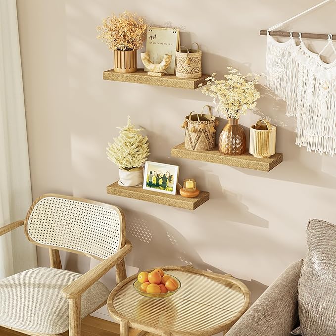 Alsonerbay Rattan Floating Shelves for Wall Set of 3, 15.7 Inch Wood Shelves Wall Mounted with Invisible Bracket for Bedroom Living Room Nursery and More