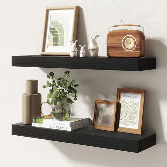 24 Inch Floating Shelves | 6.5 Inch Deep Black Floating Shelves Set of 2 | 24" W x 6.5" D Rustic Black Wood Wall Shelves with Invisible Brackets for Bathroom Living Room Bedroom