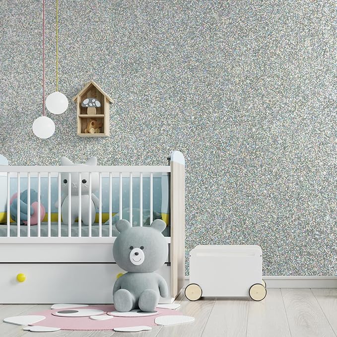 CHIHUT Holographic Silver Glitter Wallpaper Stick and Peel for Walls Self Adhesive Glitter Stick on Wallpaper for Bedroom Sparkle Fabric Glitter Contact Paper for Cabinets Shelf Liner 15.7''x100''