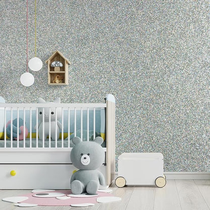 CHIHUT Peel and Stick Silver Holographic Glitter Wallpaper for Bedroom Walls Removable Sparkle Silver Glitter Fabric Wallpaper Self Adhesive Shiny Glitter Contact Paper for Cabinets Craft 15.7''x236''