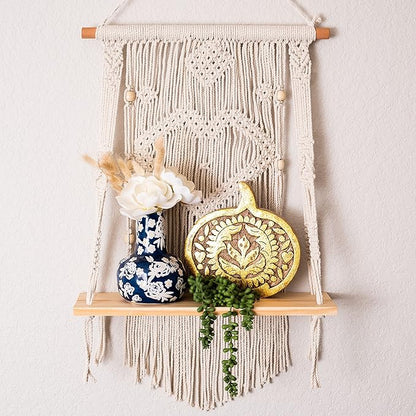 SnugLife Macrame Wall Hanging Shelf - Tier Wall Shelves with Handmade Woven Rope - Boho Shelves Organizer Hanger for Kitchen, Bathroom, Home Storage, Floating Indoor Plant Wall Shelf (1 Tier)