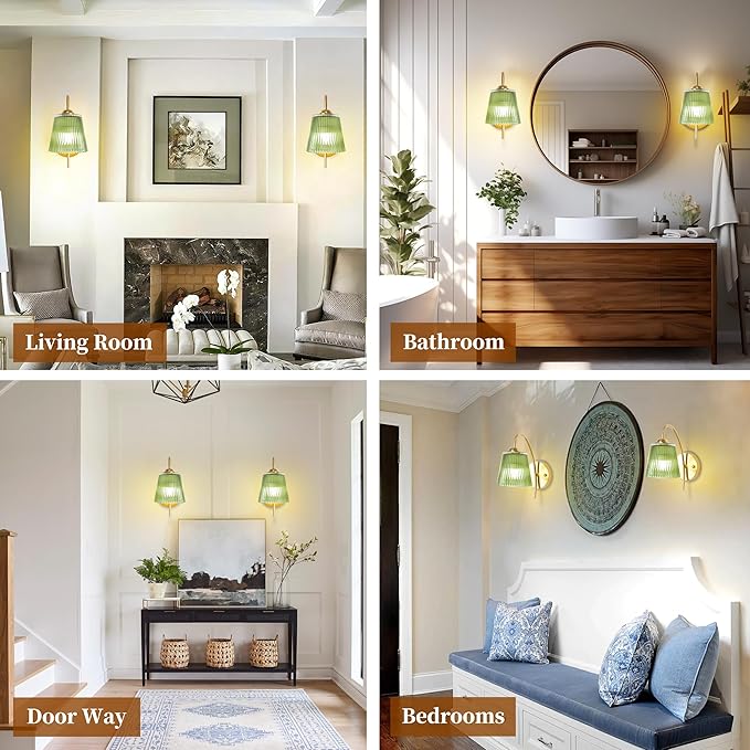 Vintage Battery Wall Sconce with Flower lampshade,Rechargeable Battery Powered Wall Lights,Wall lamp with 15 Colors for Bedroom Living Room Home Decor (Green Stripe, 2 Light Battery Operated)