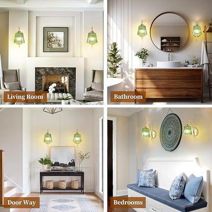 Vintage Battery Wall Sconce with Flower lampshade,Rechargeable Battery Powered Wall Lights,Wall lamp with 15 Colors for Bedroom Living Room Home Decor (Green Stripe, 2 Light Battery Operated)