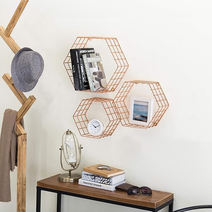 MyGift Copper Floating Hexagon Shelves, Hexagonal Copper-Tone Wire Wall-Mounted Hanging Shelf, Set of 3