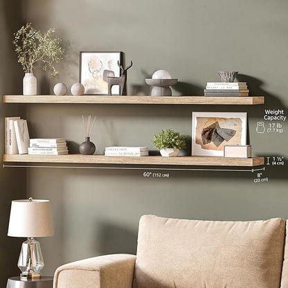 Ballucci Floating Shelves for Wall, 60" Wood Wall Shelf Set of 2, with Invisible Brackets for Bathroom, Living Room, Bedroom, Kitchen, Nursery, 8" Deep, Oak Finish