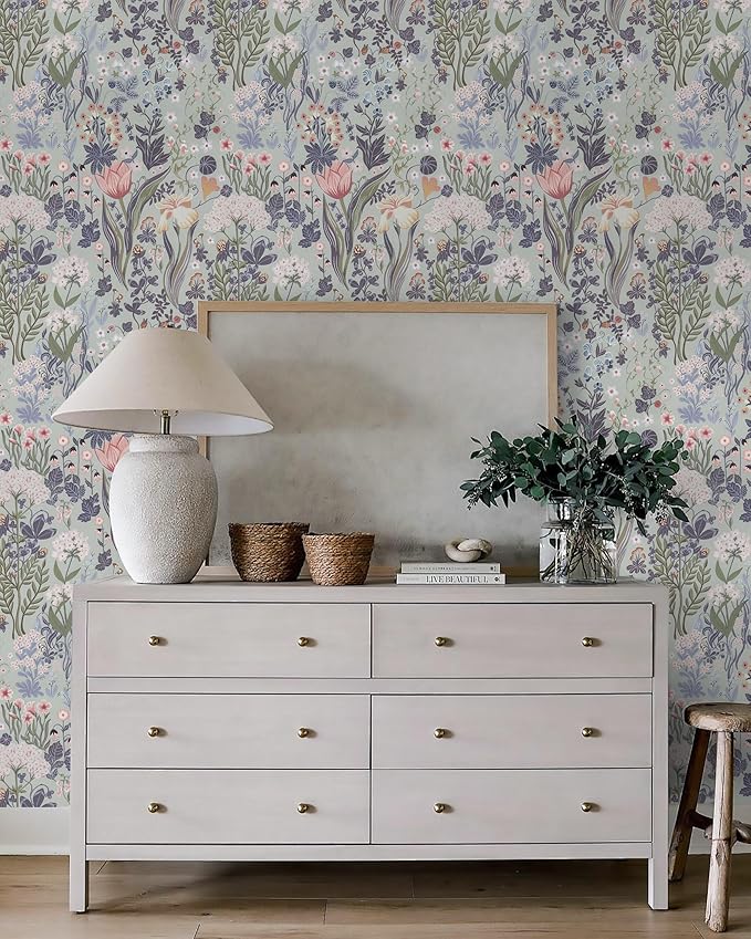 Peel and Stick Wallpaper Vintage Gray Purple Wallpaper Floral Contact Paper Removable 17.3