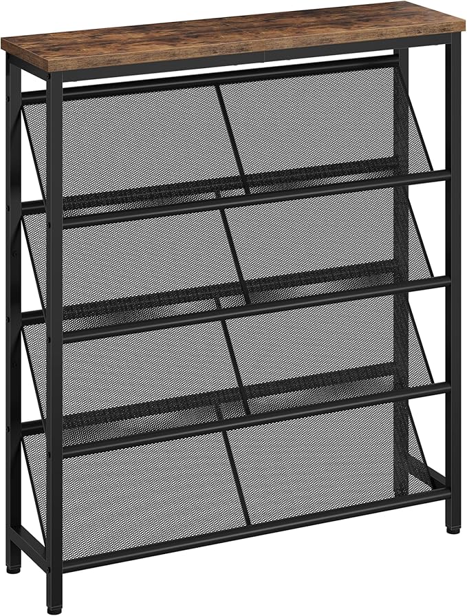 Shoe Rack, 5-Tier Slanted Shoe Storage Shelf, Narrow Shoe Rack for Entryway, Shoe Organizer with Adjustable Feet, Slim Shoe Shelf with Wooden Top and Metal Frame Rustic Brown and Black TXJ02BF