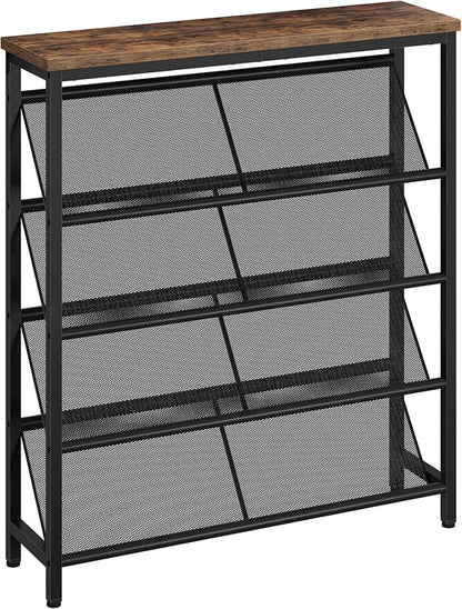 Shoe Rack, 5-Tier Slanted Shoe Storage Shelf, Narrow Shoe Rack for Entryway, Shoe Organizer with Adjustable Feet, Slim Shoe Shelf with Wooden Top and Metal Frame Rustic Brown and Black TXJ02BF