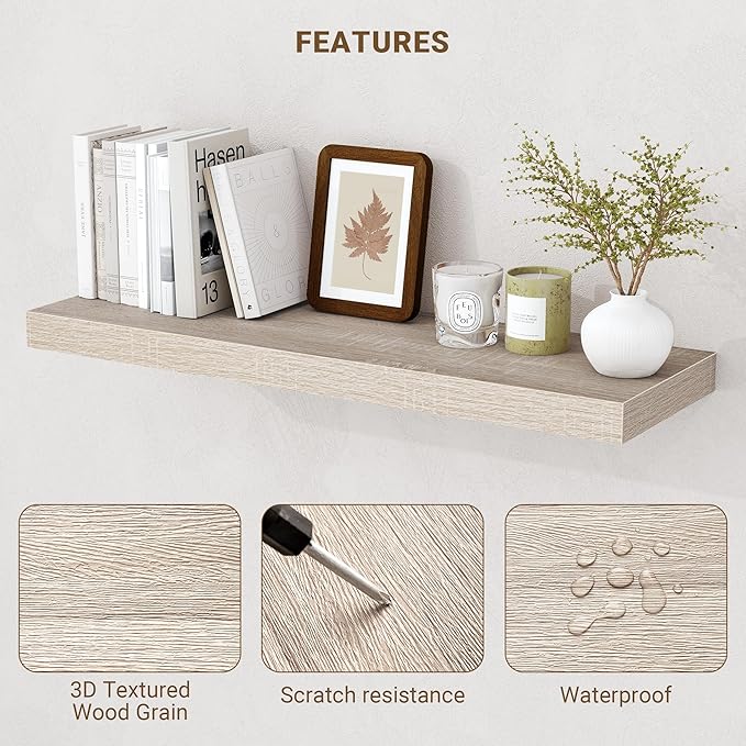 24 Inch Floating Shelves, 3D Textured Wood Grain, 24