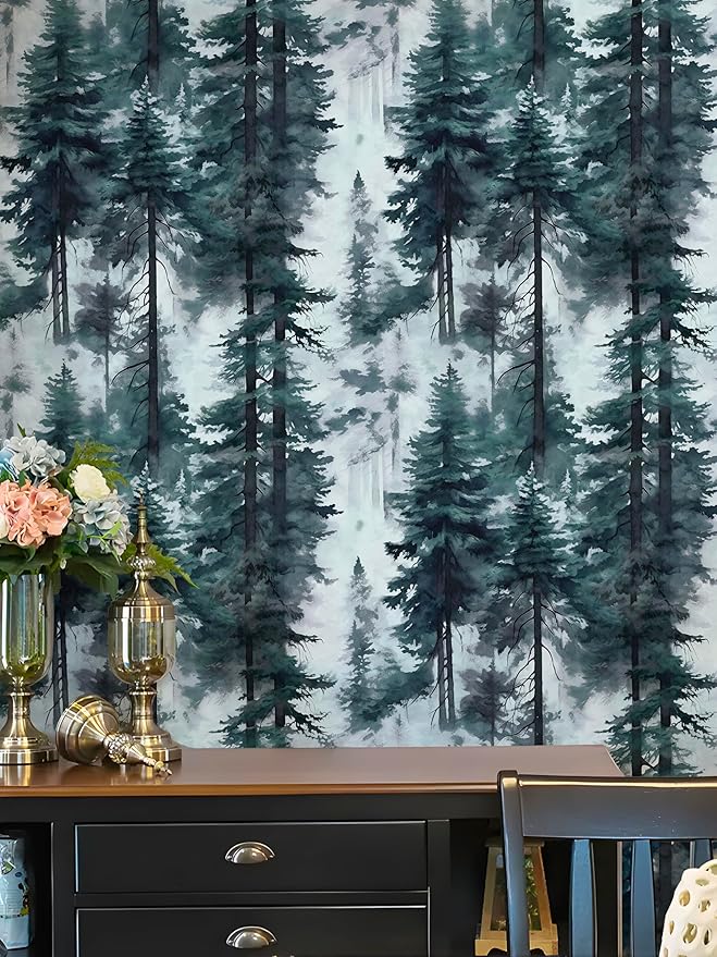 HAOKHOME Forest Peel and Stick Wallpaper Misty Blue Removable Vinyl Mural for Bathroom Bedroom Accent Wall Self Adhesive Contact Paper Tree Wall Decor 17.3in x 118in
