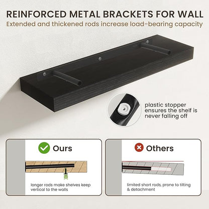24 Inch Floating Shelves | 6.5 Inch Deep Black Floating Shelves Set of 2 | 24" W x 6.5" D Rustic Black Wood Wall Shelves with Invisible Brackets for Bathroom Living Room Bedroom