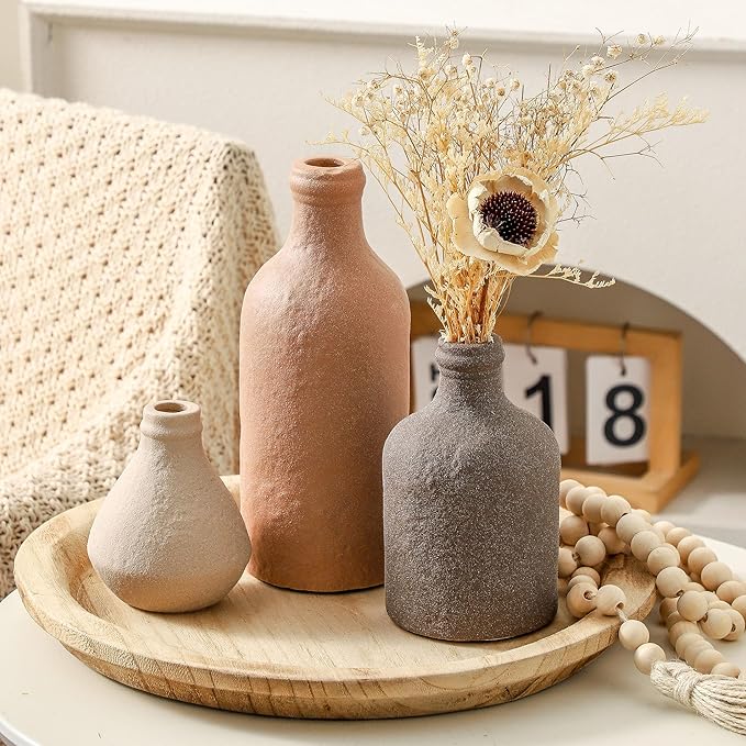 Ceramic Vase Set of 3, Vases Home Decor, Decorative Vases for Table, Boho Flower Vase Modern Neutral Vases for Room Decor, Table, Mantel,Entryway Living Room Kitchen Bedroom Bathroom - Brown