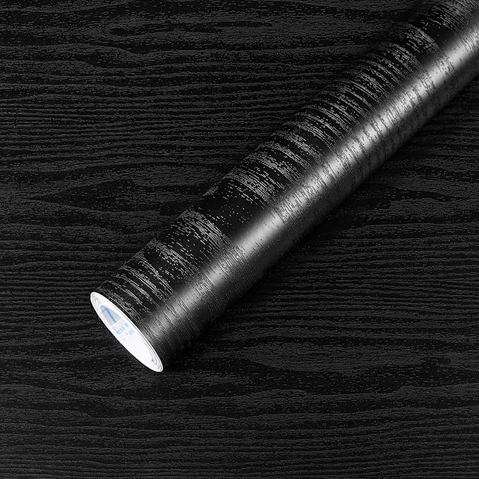 COSNIGHT Black Peel and Stick Wallpaper, Wood Grain Contact Paper Self Adhesive 15.7'' x 393'' Vinyl Wrap, Removable Wall Paper for Kitchen Countertop, Cabinet, Drawer, Shelf Liner