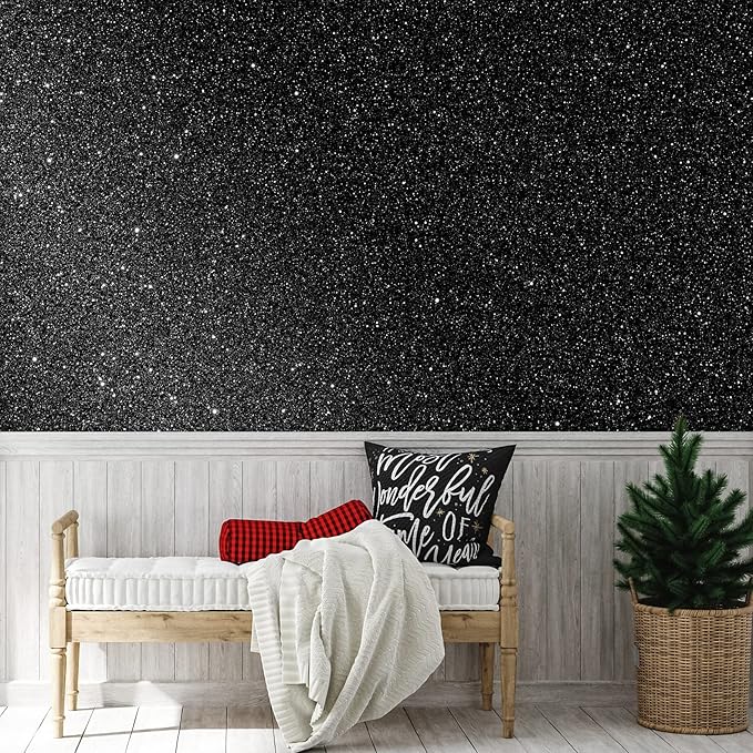 CHIHUT Glitter Black Wallpaper 15.7''x100'' Peel and Stick Wallpaper Self Adhesive Removable Black Glitter Wallpaper Stick and Peel for Bedroom Walls Fabric Contact Paper for Cabinets Drawer Dresser