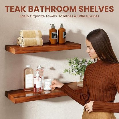Teak Floating Shelves Set of 2-32 Inch Natural Waterproof Wood Wall Shelves with Invisible Brackets for Bathroom, Kitchen, Balcony - Solid Teak Wood Shelving, Water-Resistant Wall Decor