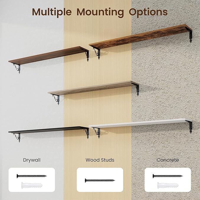 RICHFOCUS Floating Shelves for Wall Decor, 47.3W x 8D Shelves Set of 2, 8 Inch Deep Rustic Wood Shelves Wall Mounted with Brackets, Long Floating Shelves for Living Room Bedroom Kitchen, Walnut