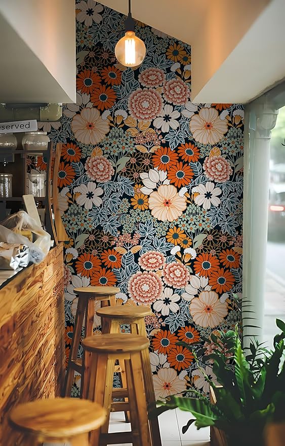 Floral Wallpaper Peel and Stick Boho Wall Paper Removable Waterproof Orange/Green/Red Contact Paper for Bedroom, Bathroom, Home Wall 17.3