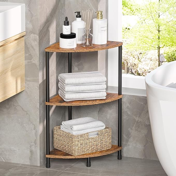 Corner Plant Stand Shelf, 3 Tier Small Shelf Plant Stand for Indoor Plants, Rustic Brown Corner Bookshelf Wall Decor Living Room, 23.2