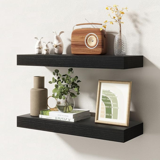 20 Inch Floating Shelves | 6.5 Inch Deep Black Floating Shelves Set of 2 | 20" W x 6.5" D Rustic Black Wood Wall Shelves with Invisible Brackets for Bathroom Living Room Bedroom