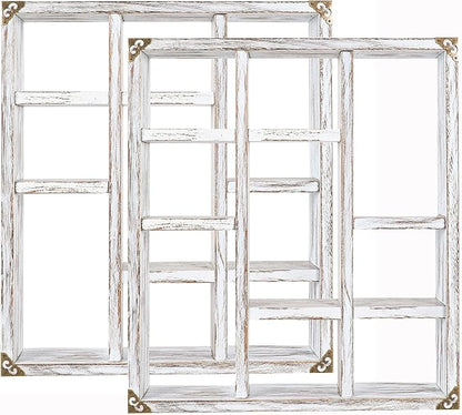 17.7x15.7-Inch Shadow Box Shelf 9-Slot Rustic Wood Floating Shelves Larger Shelf Lightweight Solid Wood Display(Set of 2,9C-Rustic White)
