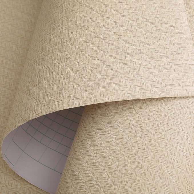 Haimin Fabric Wallpaper Textured Contact Paper (24in X 393in) Grasscloth Wallpaper Peel and Stick Faux Linen Wall Paper Self-Adhesive Vinyl Looks Like Woven Straw (Yellow Beige)