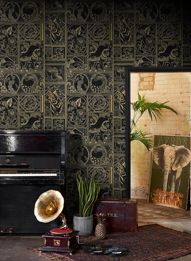 Erfoni 394"x17.7" Vintage Peel and Stick Wallpaper Black and Gold Contact Paper Peel and Stick Removable Animal Pattern Wall Paper DIY Waterproof Self Adhesive Wallpaper for Accent Wall Covering