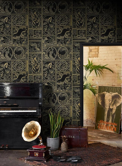 Erfoni 394"x17.7" Vintage Peel and Stick Wallpaper Black and Gold Contact Paper Peel and Stick Removable Animal Pattern Wall Paper DIY Waterproof Self Adhesive Wallpaper for Accent Wall Covering