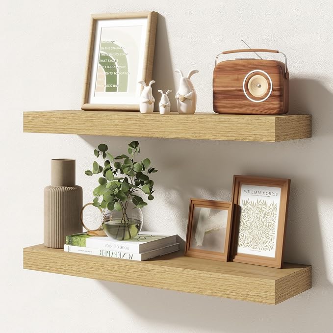 24 Inch Floating Shelves | 6.5 Inch Deep Oak Floating Shelves Set of 2 | 24" W x 6.5" D Rustic Oak Shelves with Invisible Brackets for Bathroom Living Room Bedroom