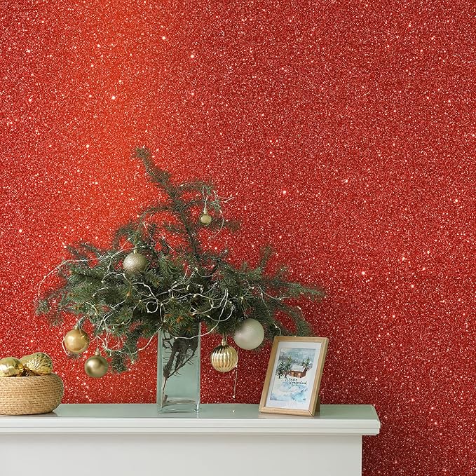 CHIHUT 15.7''x236'' Shiny Red Glitter Wallpaper Stick and Peel for Bedroom Walls Self Adhesive Removable Fabric Glitter Contact Paper for Drawers Decorative Glitter Wall Paper Roll for Gift Dresser