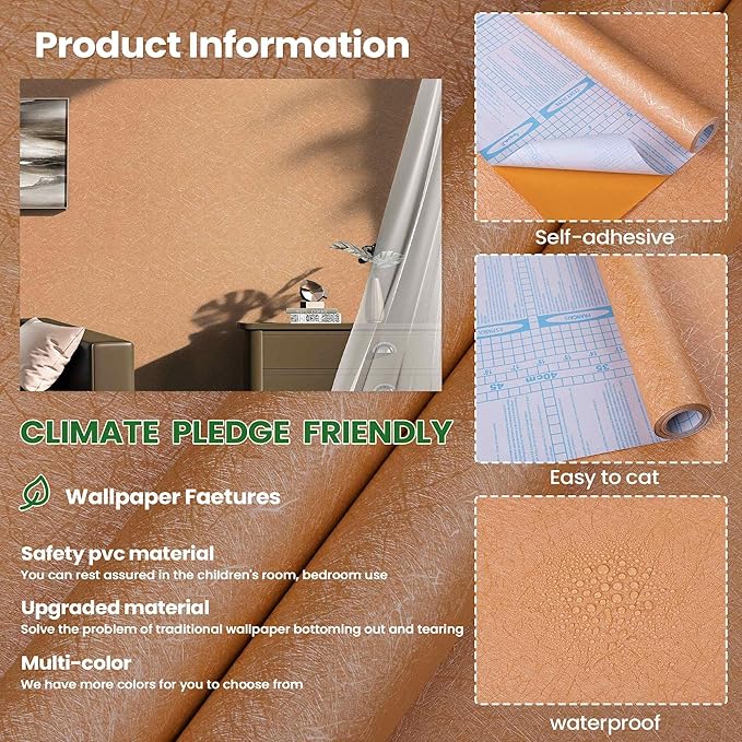 Abyssaly Cream Orange Wallpaper Peel and Stick Wallpaper 15.7in X 118in Silk Embossed Self Adhesive Removable Contact Paper for Bedroom Living Room Solid Color Brown Shelf Drawer Liners Paper