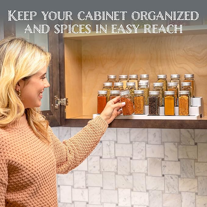 Oizeir 3–Tier Expandable Plastic Spice Rack - Adjustable Length, Stability with Non-Skid Shelf, Three Tiers for Easy Visibility, Organizer for Kitchen Cabinet, Pantry or Countertop, White/Grey