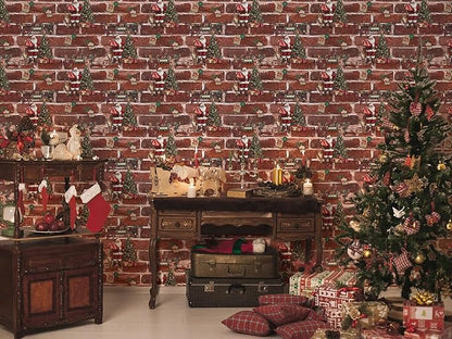 Christmas Wallpaper Brick Wallpaper Peel and Stick 17.3"×118" Red Brick Contact Paper Fireplace Wall Paper Christmas Decorations Self-Adhesive Waterproof Removable Living Room Wall Cover Party