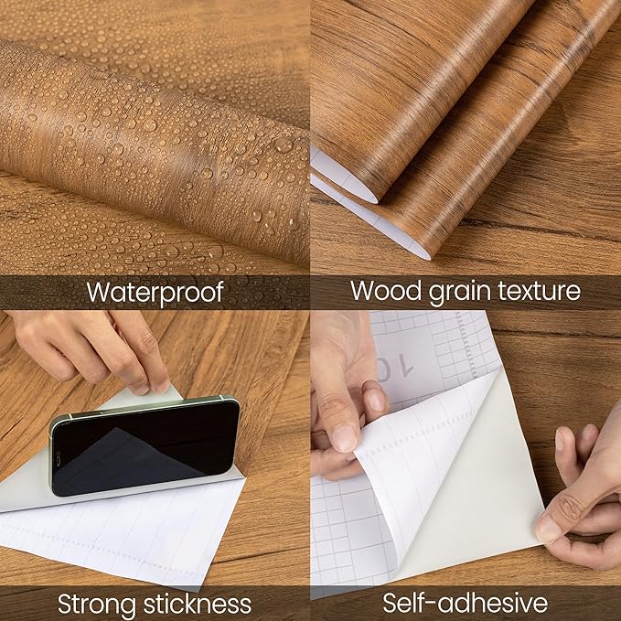 COSNIGHT Wood Grain Contact Paper with Tools, Peel and Stick Wallpaper, Self Adhesive Wall Paper for Countertop Drawer Shelf Liner Cabinet Easy to Clean 15.7In x 118In
