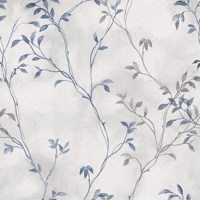 VaryStyle 17.7"x118" Grey Blue Tree Branches Wallpaper Peel and Stick Wallpaper Tree Twigs Leaf Mural Grasscloth Wallpaper Self Adhesive Removable Leaves Contact Paper for Cabinets Bedroom Bathroom